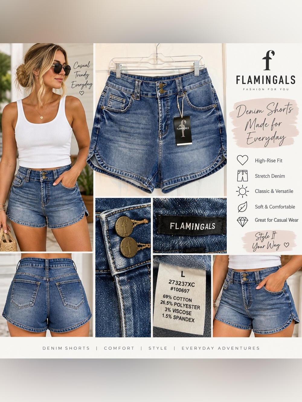 Flamingals High Rise Stretch Denim Shorts Size Large